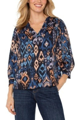 Blue Ikat V-Neck Blouse