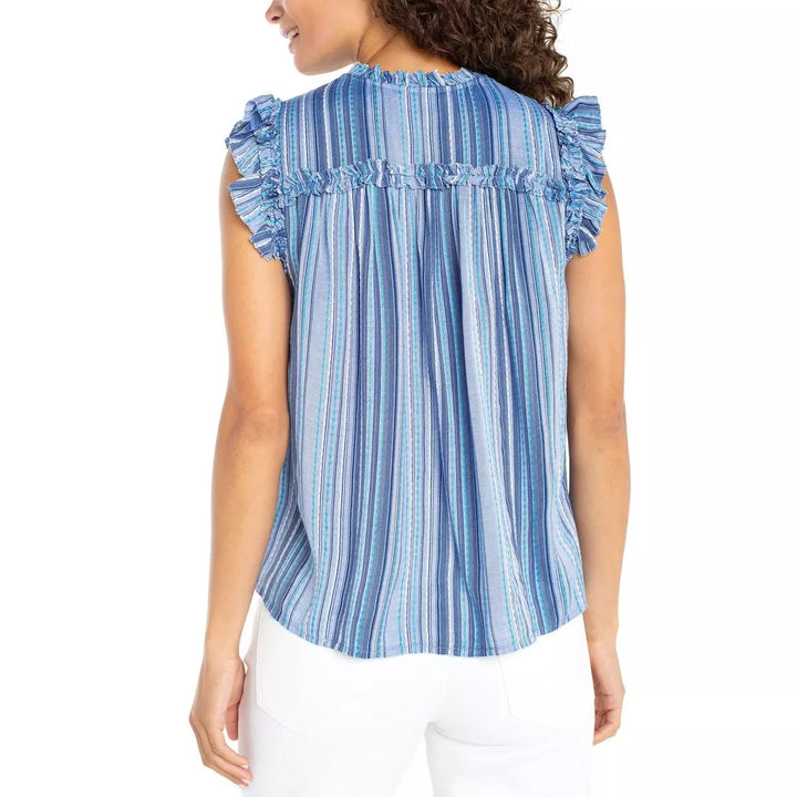 Flutter sleeve stripe top by Liverpool Jeans, featuring colorful horizontal stripes and a relaxed fit, displayed on a hanger.