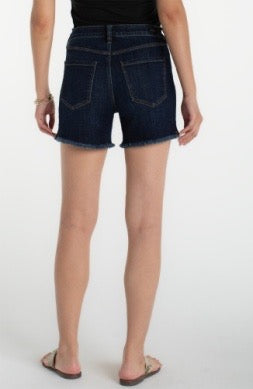 Liverpool Jeans Vickie 5-inch fray hem shorts, casual denim bottoms with distressed frayed edges, front view.