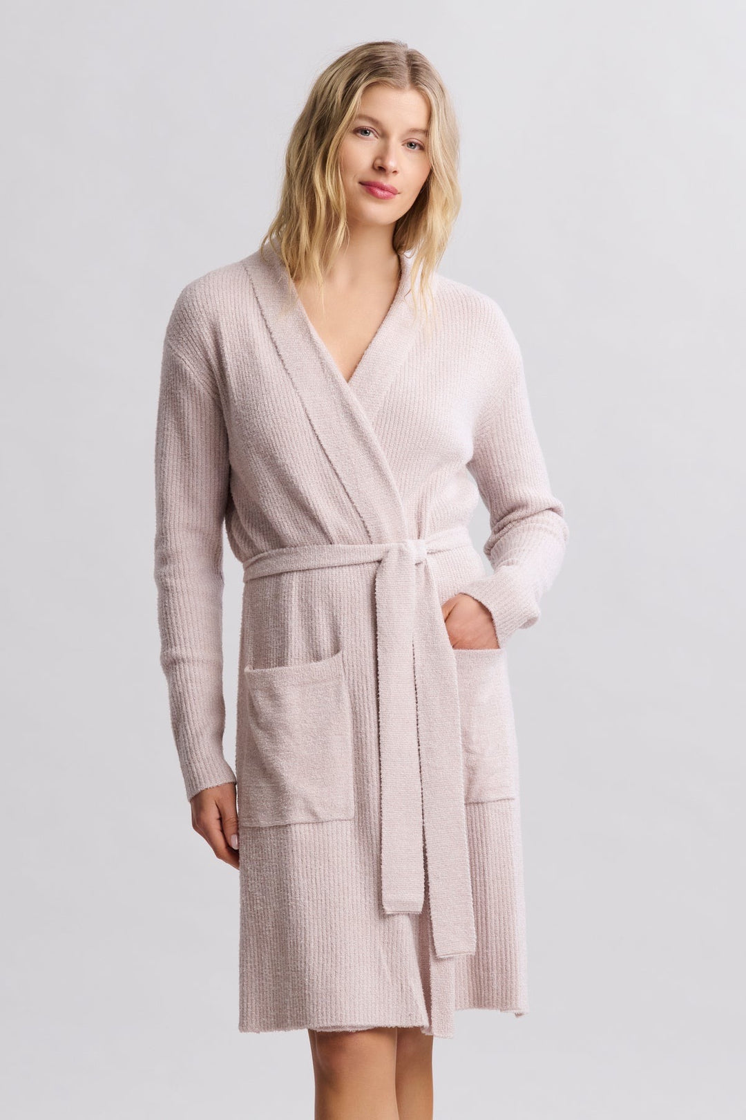 Barefoot Dreams Cozy Lite ribbed loungewear robe, soft and comfortable with a textured ribbed design, shown in a relaxed fit.