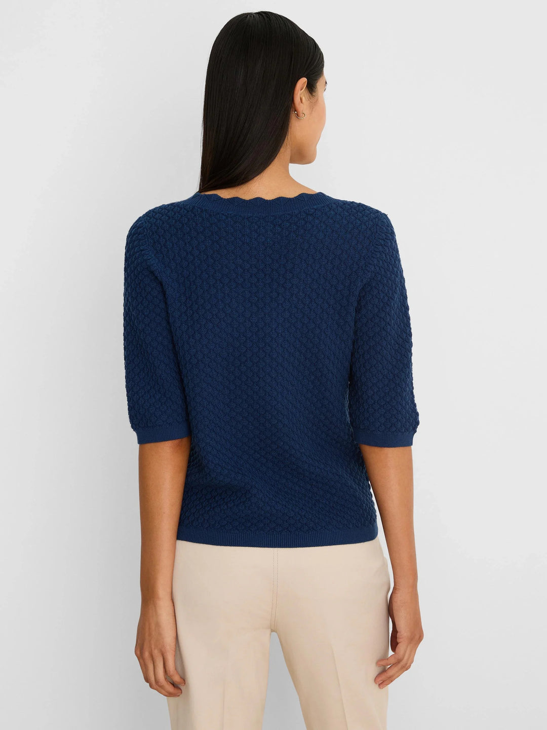 Nic & Zoe scallop texture sweater tee, close-up of the stylish tops showing the textured fabric and relaxed fit.