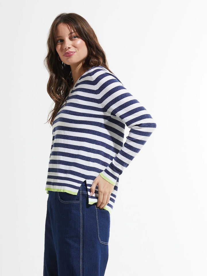 Stripe V-Neck Sweater with Citron