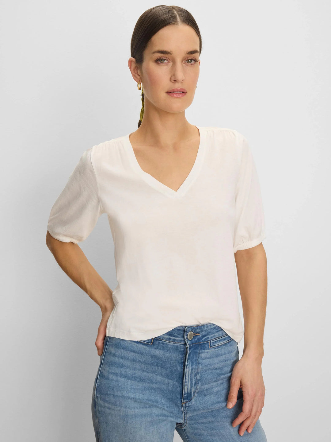 Nic & Zoe elbow sleeve V-neck T-shirt in soft fabric with a relaxed fit and stylish design, perfect for casual wear.