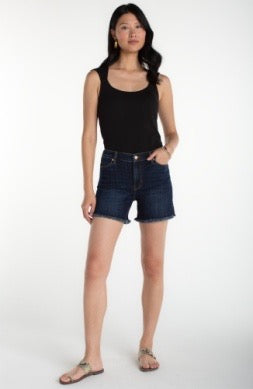 Vickie 5-inch fray hem denim shorts by Liverpool Jeans, showcasing distressed frayed edges and casual summer style.