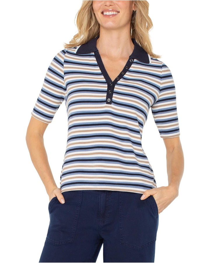 Collared Henley Stripe Knit Tee