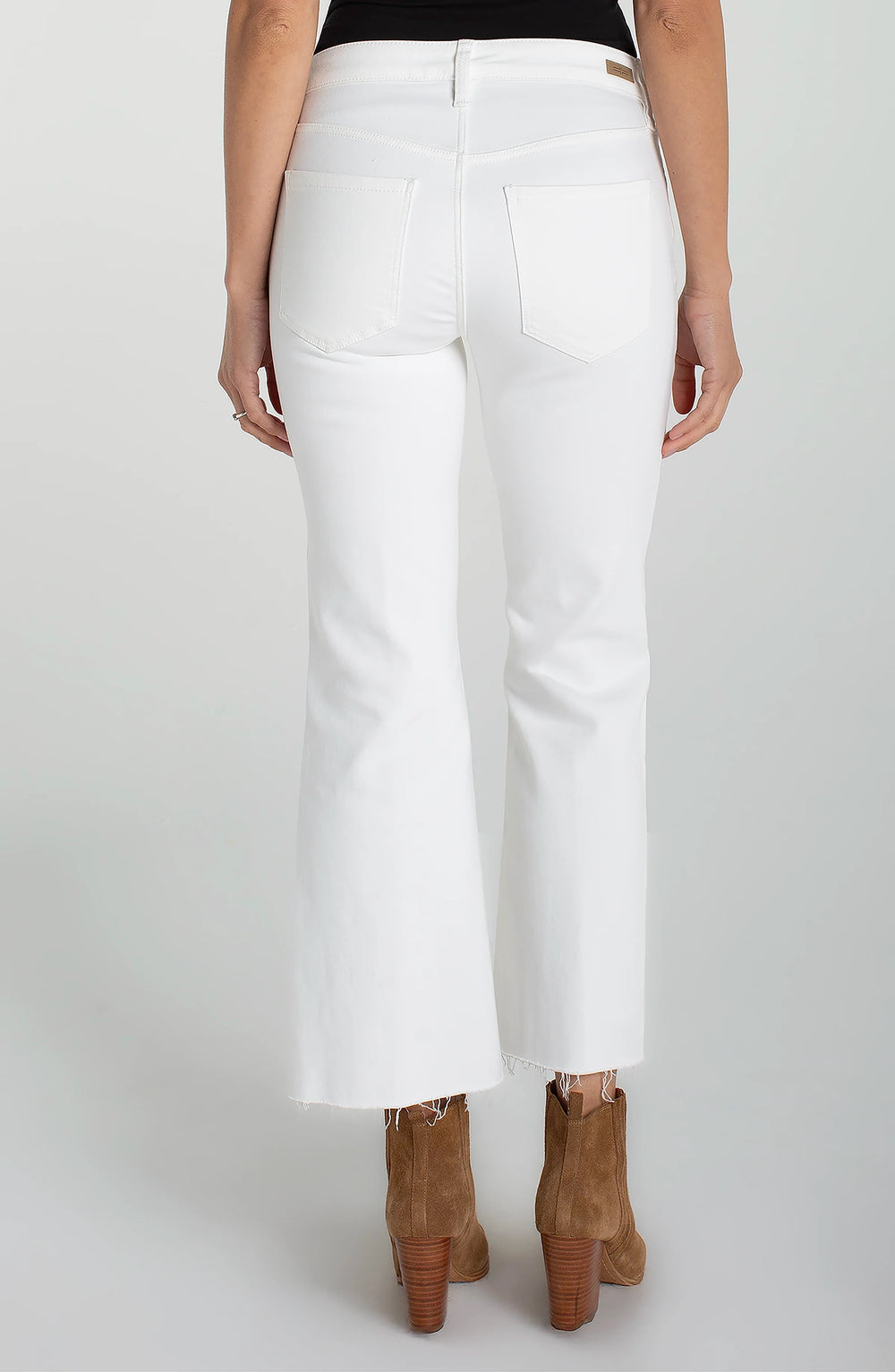Liverpool Hannah crop flare jeans with twisted slit detail, 27-inch inseam, designed as stylish women's denim bottoms.