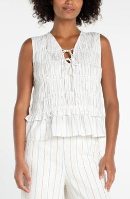 Liverpool Jeans stripe tie smocked top, featuring a fitted bodice with vertical stripes and a tie detail at the neckline.