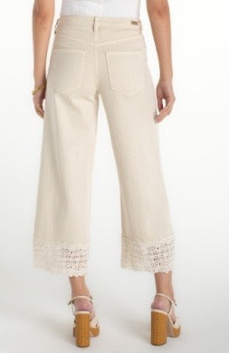 Liverpool Jeans Stride 27-inch lace trim jean bottoms with distressed details and classic five-pocket design.