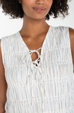 Stripe tie smocked top by Liverpool Jeans, featuring a striped pattern and smocked bodice, styled as a casual women's tops.