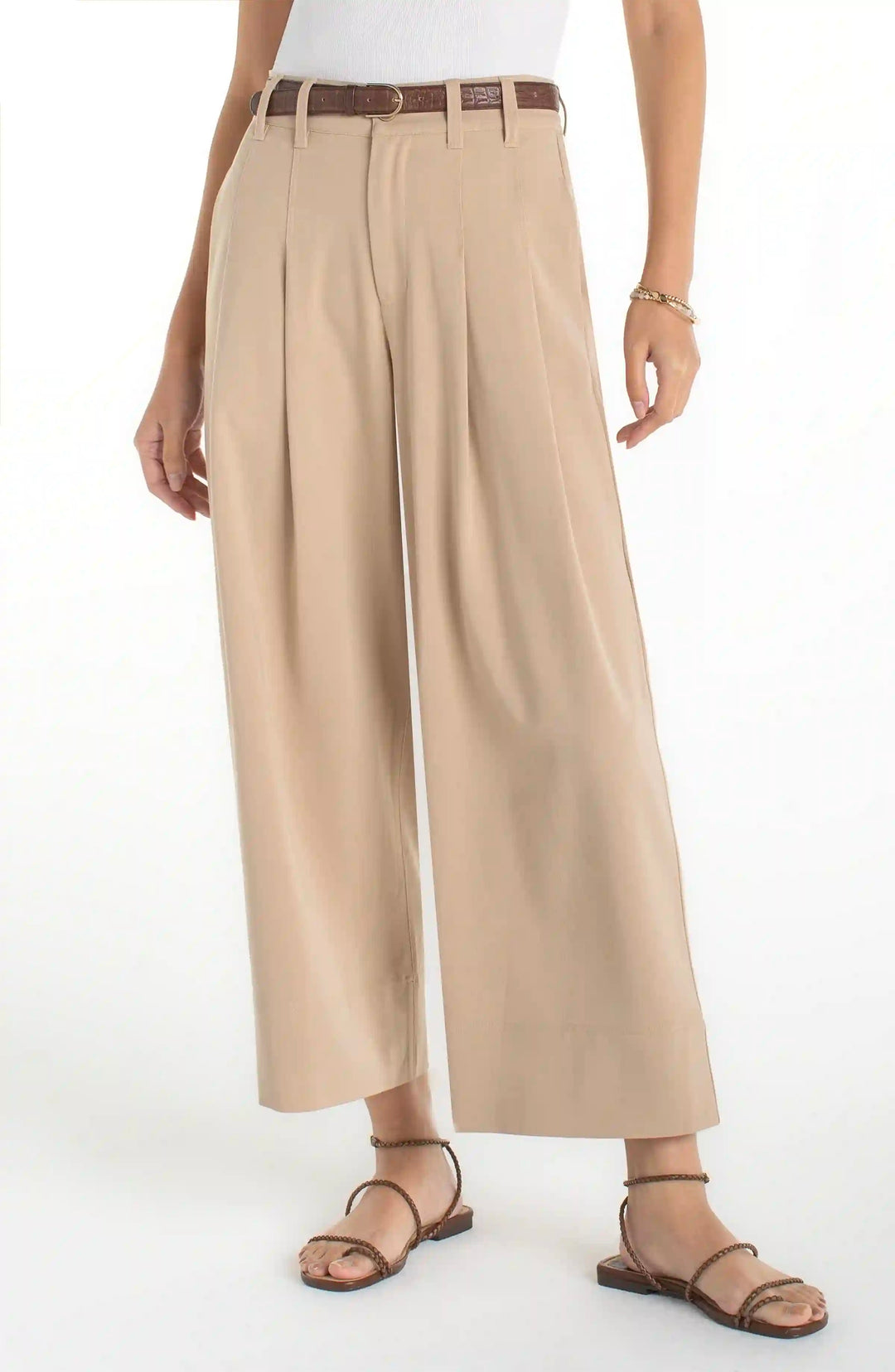 High Rise Pleated Wide Leg Crop Trouser