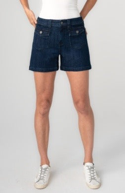 Vintage Liverpool Jeans 4.5-inch flap pocket shorts featuring distressed denim, front and back pockets, and casual style.