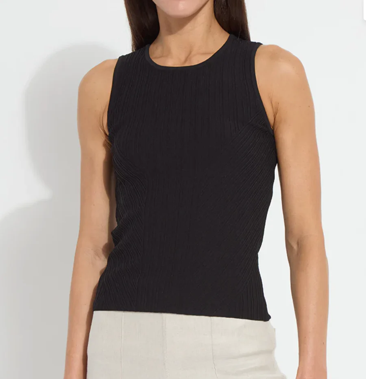 Lysse Andreia black ribbed tank top with fitted design, sleeveless style, and scoop neckline, displayed on a hanger.