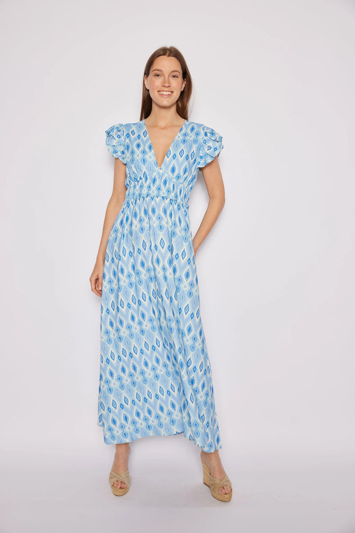 Blue Ikat Flutter Maxi Dress