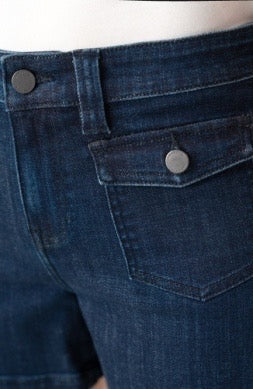Vintage Liverpool Jeans 4.5-inch flap pocket short with distressed denim, casual bottoms for warm weather, front and side view.