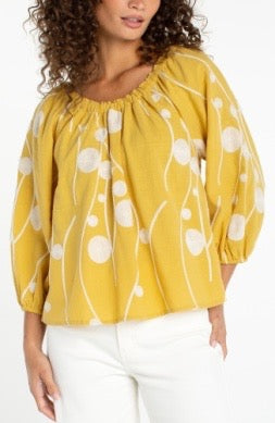 Yellow 3/4 sleeve top by Liverpool Jeans, lightweight fabric with a relaxed fit and subtle seam details.