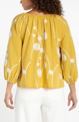 Yellow 3/4 sleeve top by Liverpool Jeans, lightweight fabric, relaxed fit, and styled with a casual neckline.