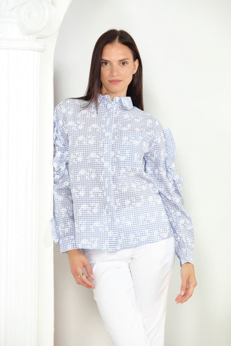 Blue Floral Plaid Blouse