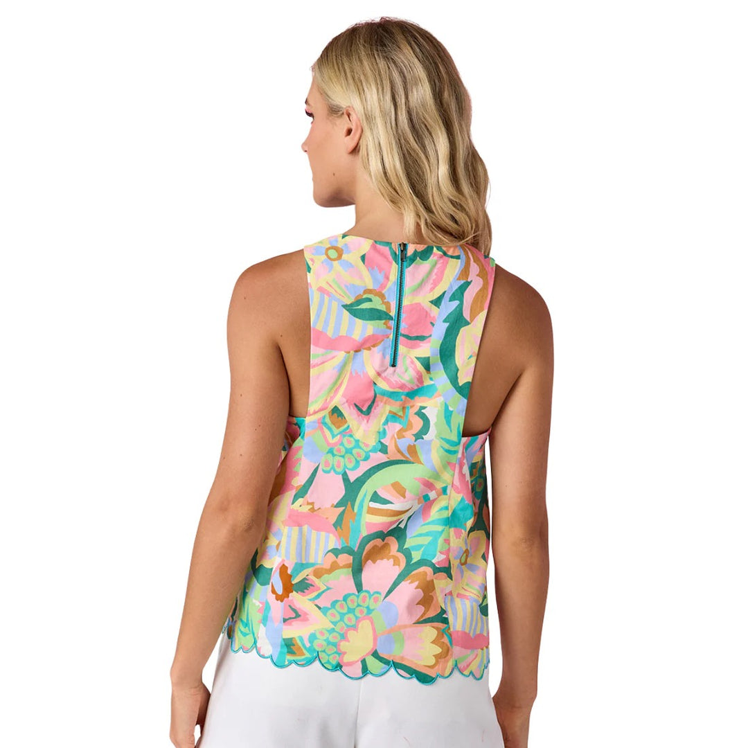 Crosby by Mollie Burch Wynne Bazaar tank top, sleeveless blouse with floral patterns and lightweight fabric, shown on a hanger.