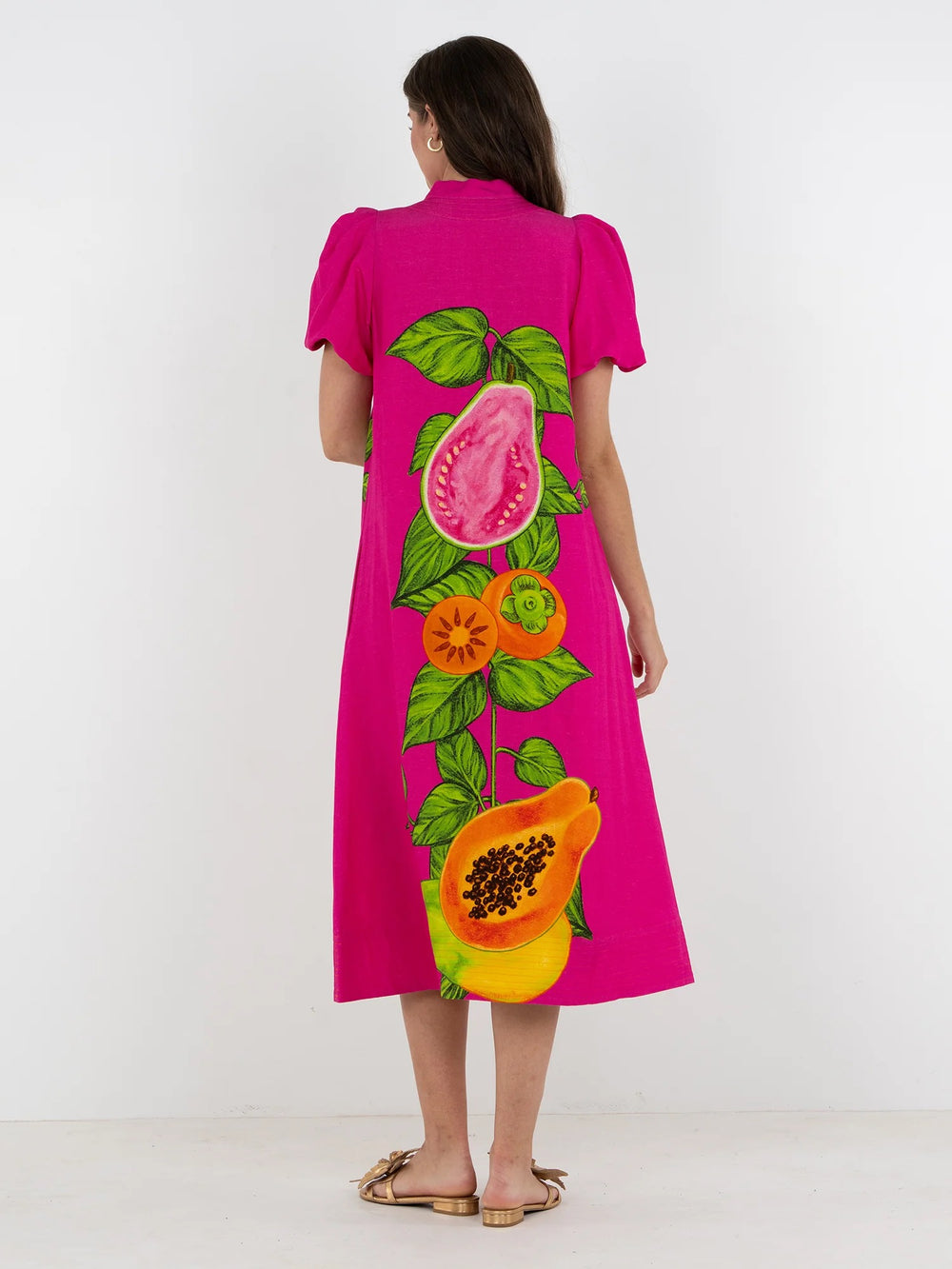 Emily McCarthy Hampton Papaya Vine Dress, lightweight floral sundress with vibrant papaya and vine print, sleeveless with a fitted waist.