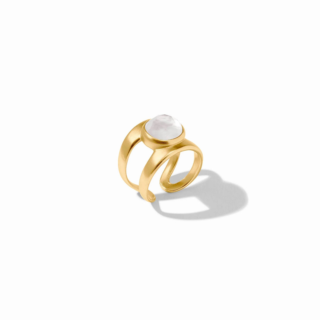 Julie Vos Laguna Stone Ring showing a gold band with a smooth, oval-shaped Laguna stone centerpiece in natural lighting