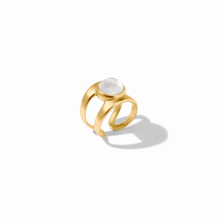 Julie Vos Laguna Stone Ring showing a gold band with a smooth, oval-shaped Laguna stone centerpiece in natural lighting