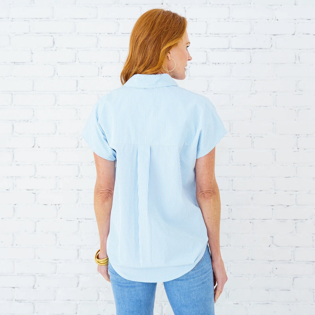 Caryn Lawn Kelly Blue Stripe Top, women's casual tops with blue and white striped pattern, made of lightweight fabric.