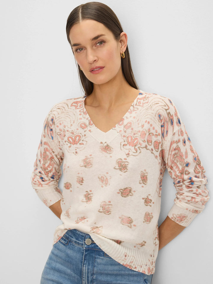 Nic & Zoe pink paisley sweater with a cozy fit, featuring a stylish pattern and ribbed cuffs, perfect for casual wear.