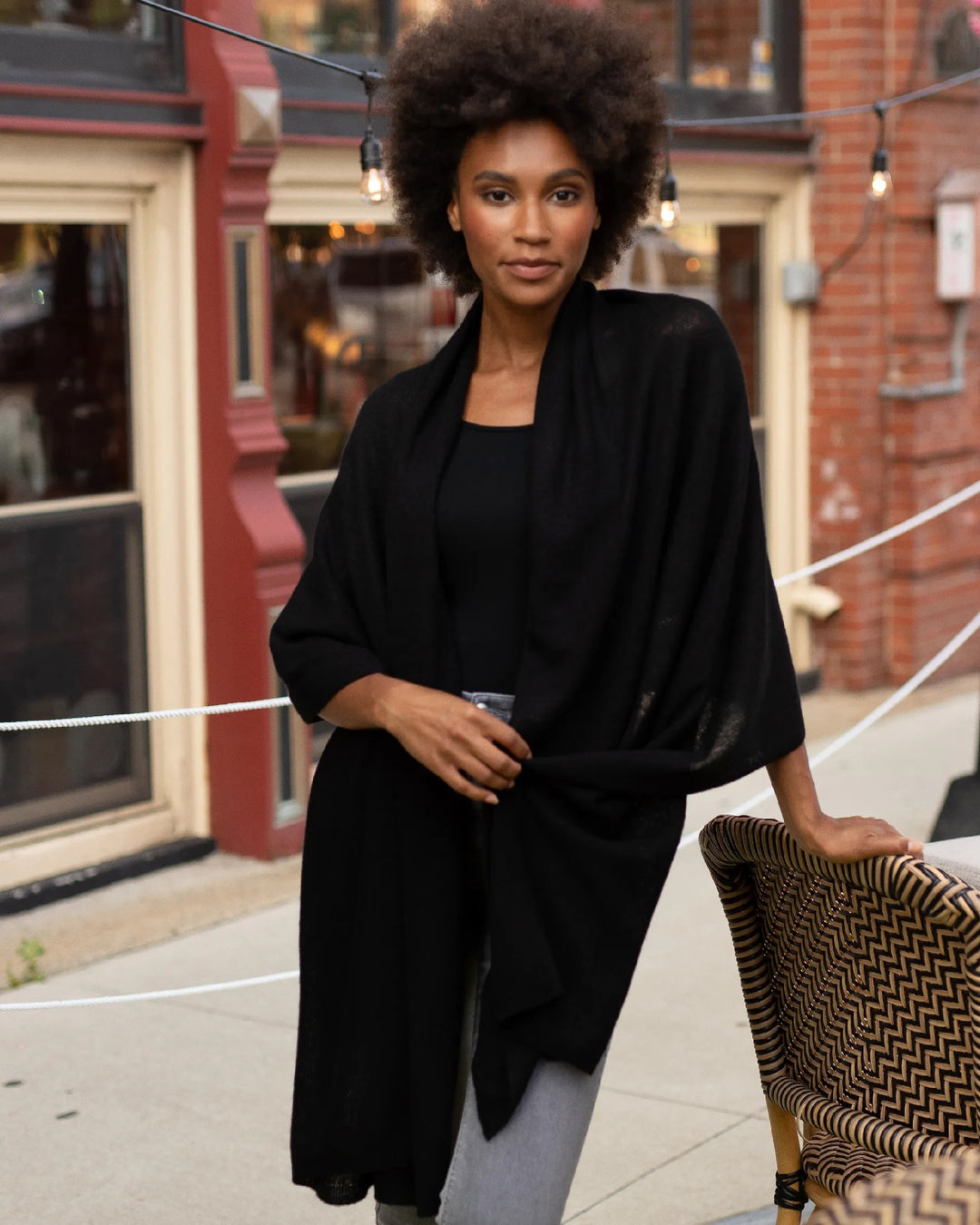 Alashan Cashmere 100% cashmere travel wrap top, soft and cozy fabric with a neutral color, perfect for warm layering.