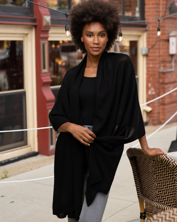 Alashan Cashmere 100% cashmere travel wrap top, soft and cozy fabric with a neutral color, perfect for warm layering.