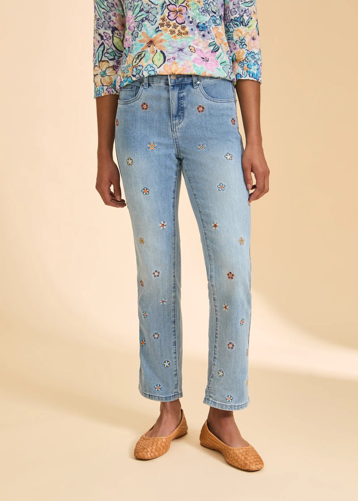 FDJ Christina Flower Ankle Jean shown in a stylish denim bottoms with floral embroidery at the ankle.