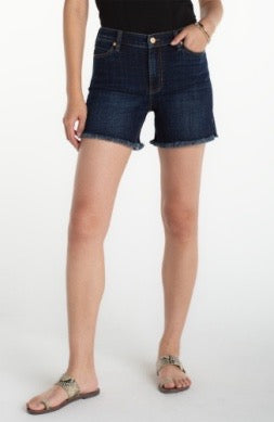 Liverpool Jeans Vickie 5-inch fray hem short, casual denim bottoms with distressed frayed edges, styled for a relaxed look.