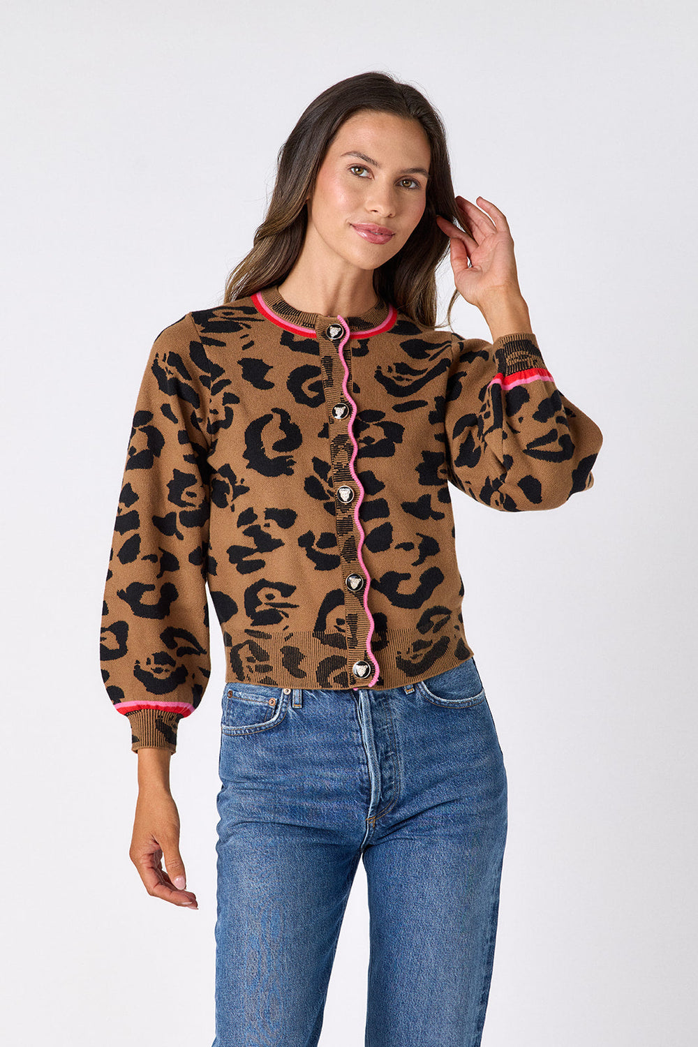 Crosby by Mollie Burch leopard cardigan, lightweight tops with a bold leopard print, button closure and long sleeves.