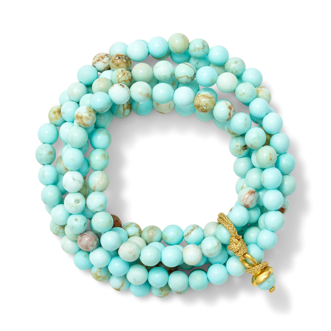 Sky Turquoise Sally Bracelet by Catherine Canino, faceted sky blue turquoise cluster with gold cord detail