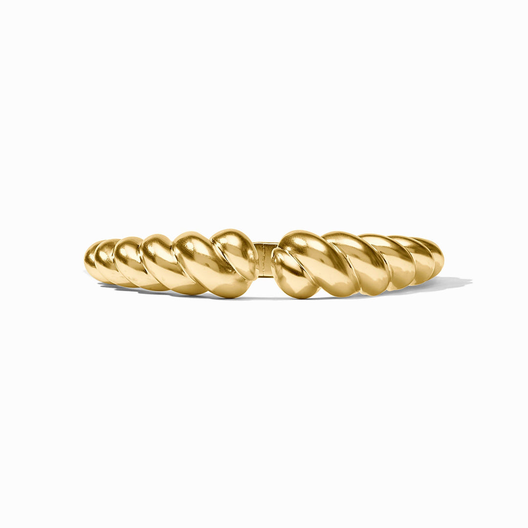 Julie Vos Ravello gold cuff bracelet featuring elegant, textured design on a smooth metallic band.