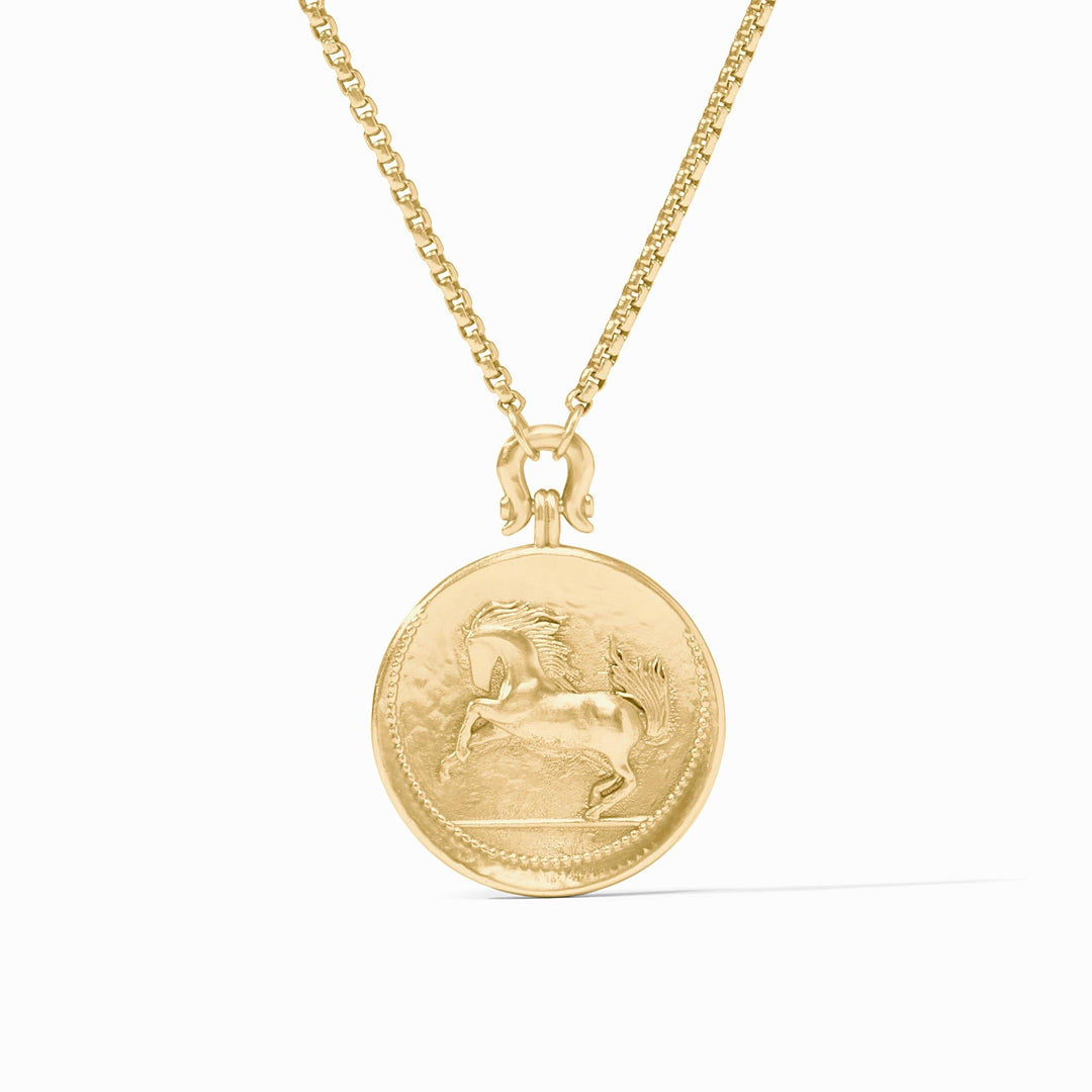 Gold Saratoga Horse Necklace by Julie Vos, elegant horse-shaped jewelry accessory, detailed design, on a neutral background.