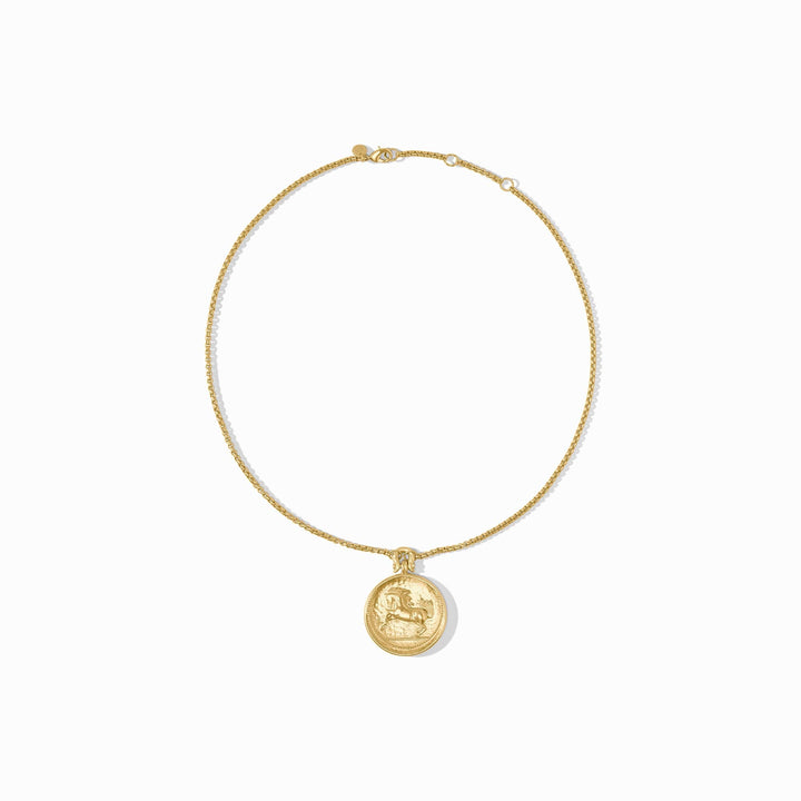 Gold Saratoga Horse Necklace by Julie Vos, close-up of the detailed horse pendant on a chain.
