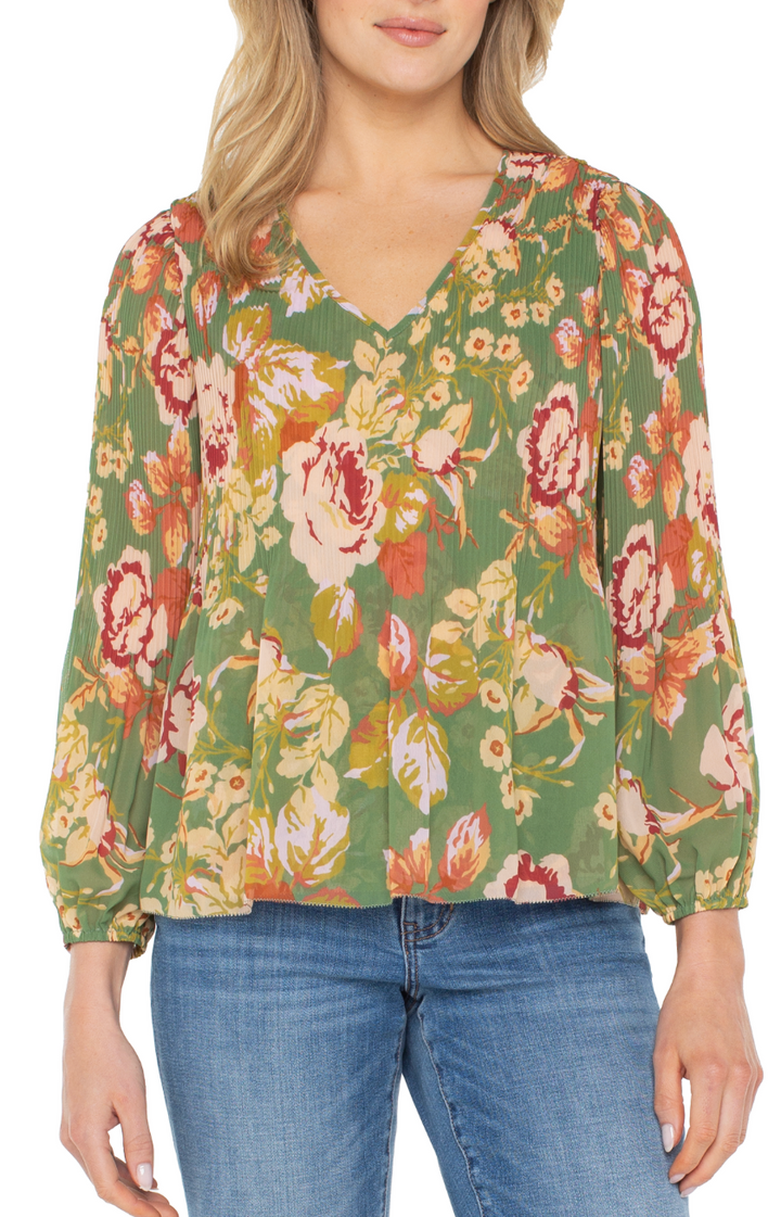 Green Pleated Floral Blouse