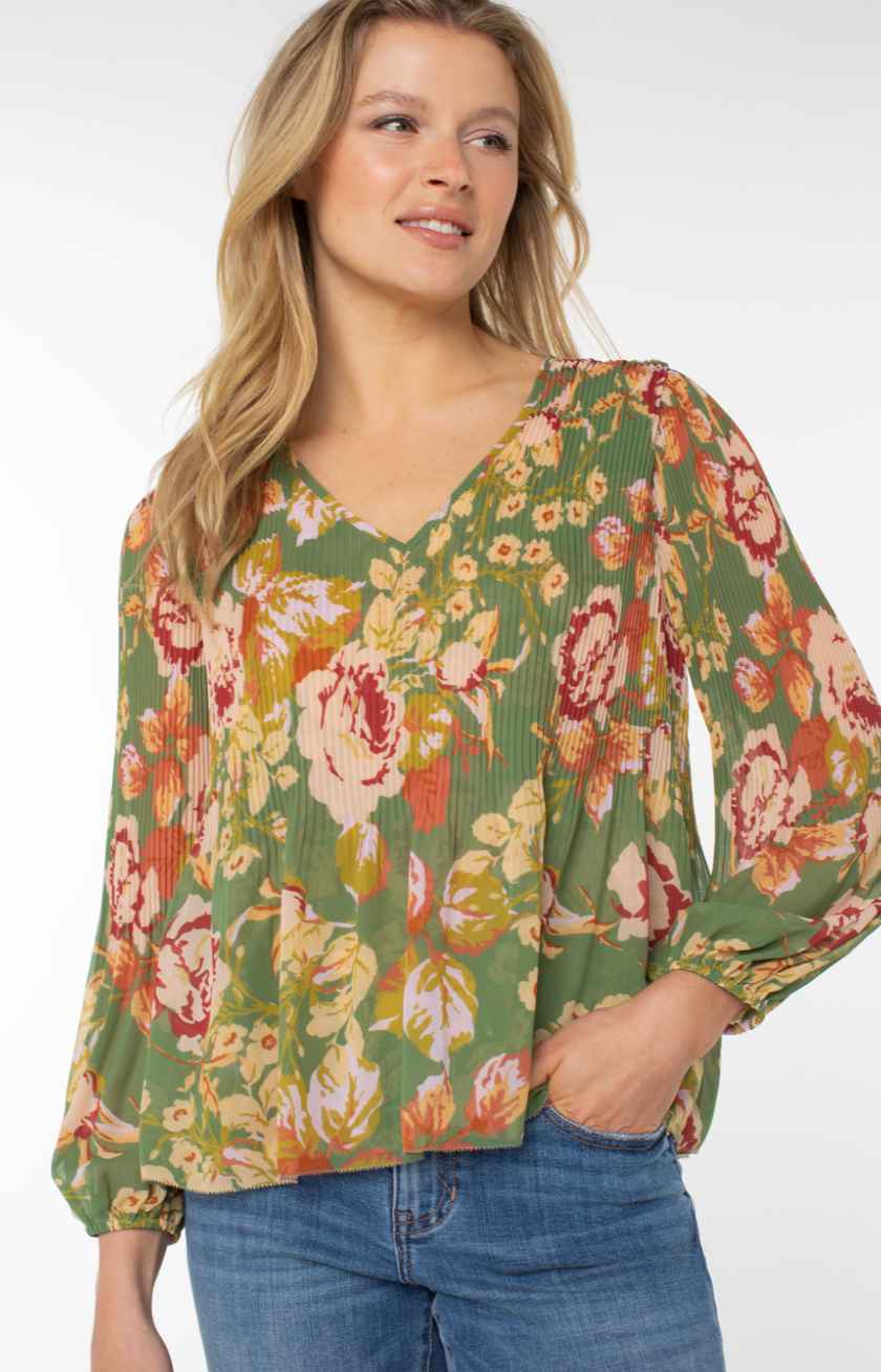 Green Pleated Floral Blouse