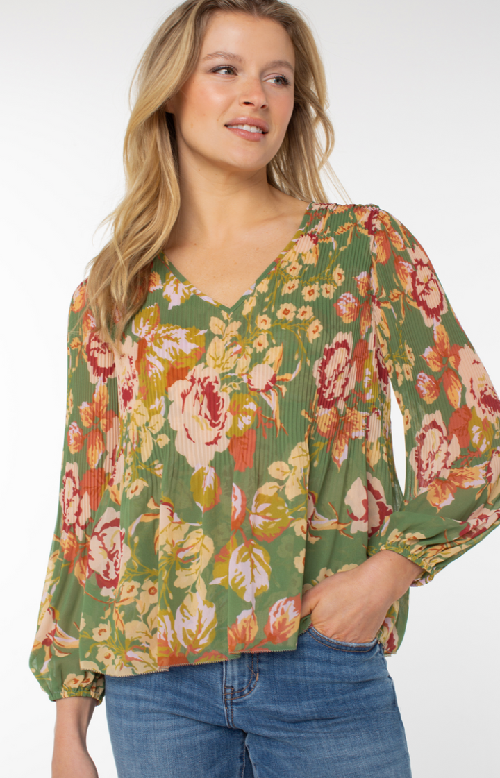 Green Pleated Floral Blouse