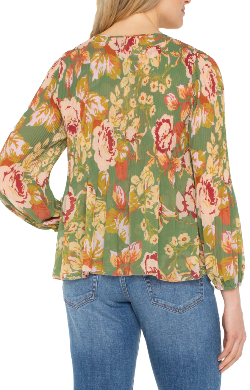 Green Pleated Floral Blouse