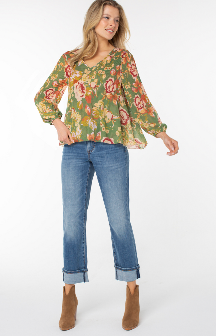 Green Pleated Floral Blouse