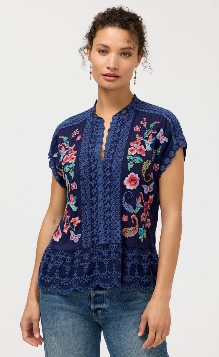 Johnny Was Astrud Romana blouse featuring lightweight fabric, intricate embroidery, and a relaxed fit, perfect for casual or dressy occasions.