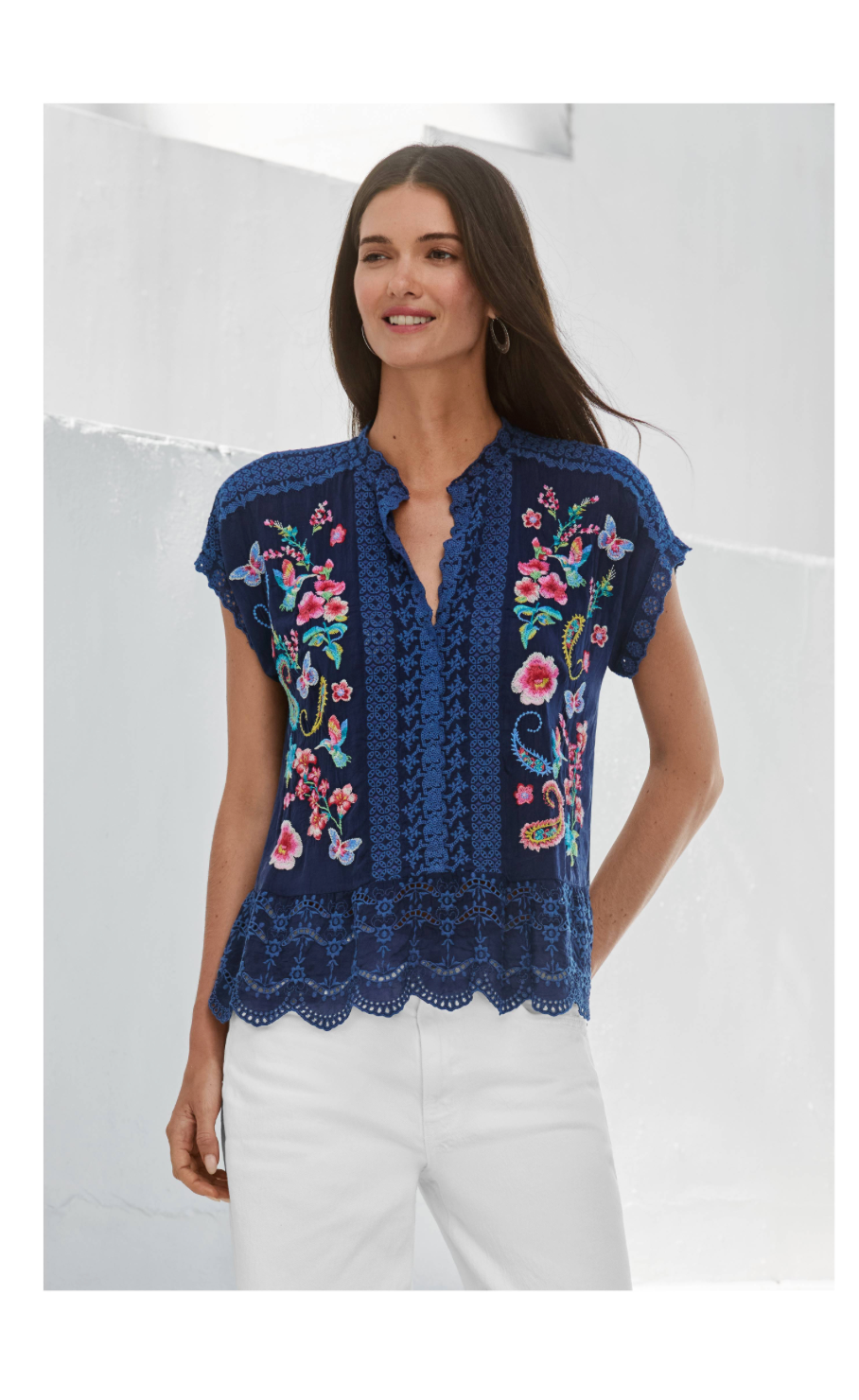 Johnny Was Astrud Romana blouse, women's tops featuring intricate embroidery and flowing fabric, worn by a model.