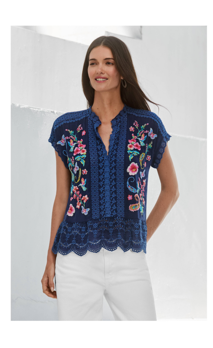 Johnny Was Astrud Romana blouse, women's tops featuring intricate embroidery and flowing fabric, worn by a model.