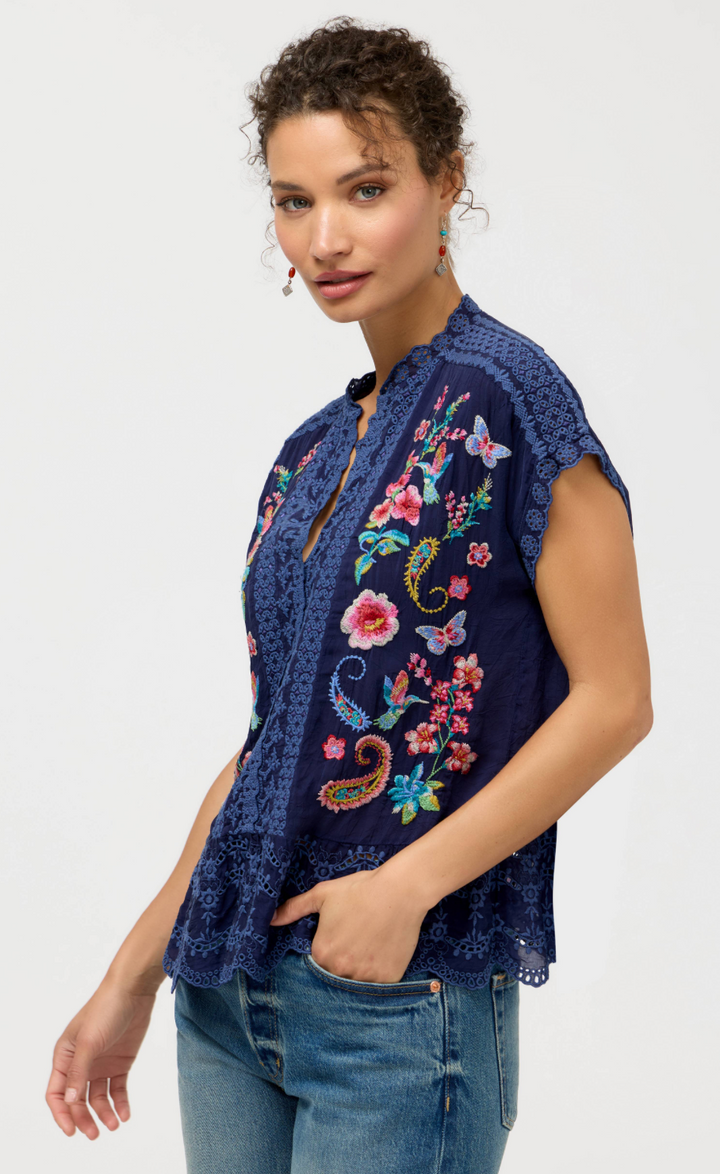 Johnny Was Astrud Romana blouse, stylish women’s top with intricate embroidery and lightweight fabric, perfect for casual or dressy wear.