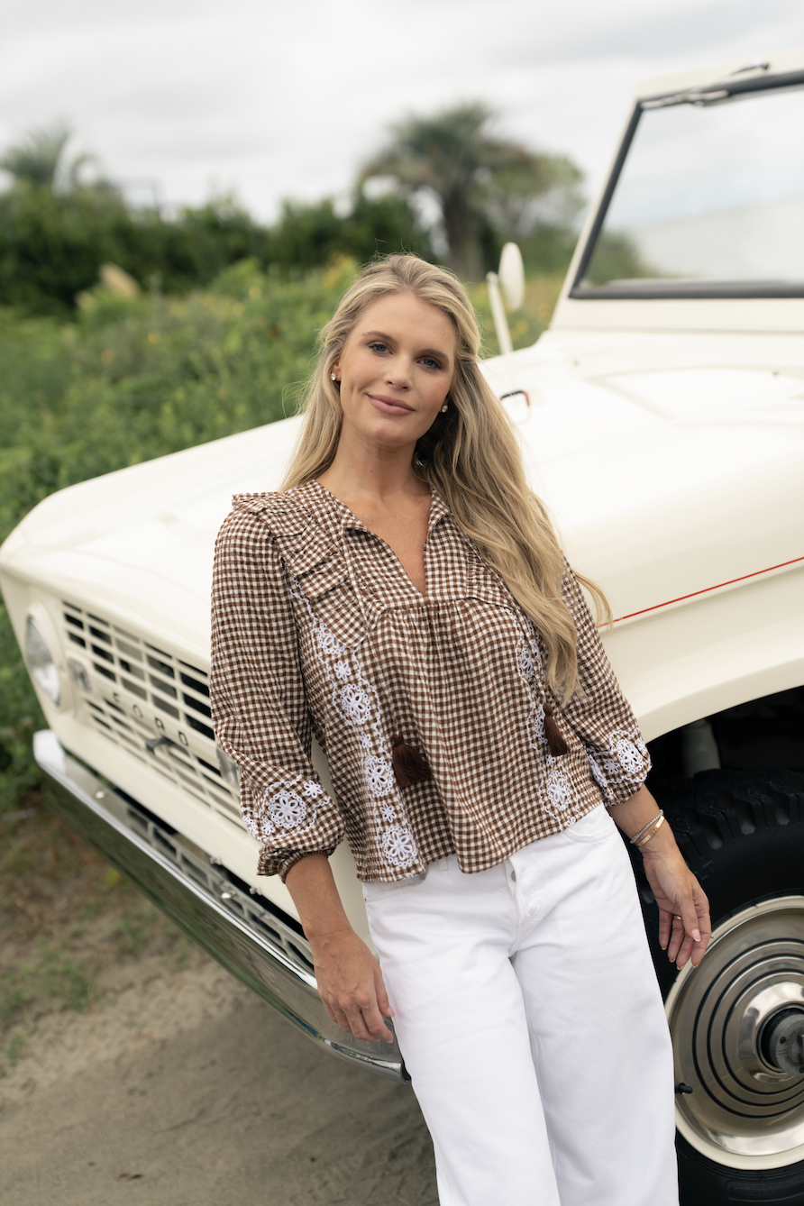 Sail to Sable gingham ruffle front top with short sleeves and button detail, stylish and lightweight for casual wear.