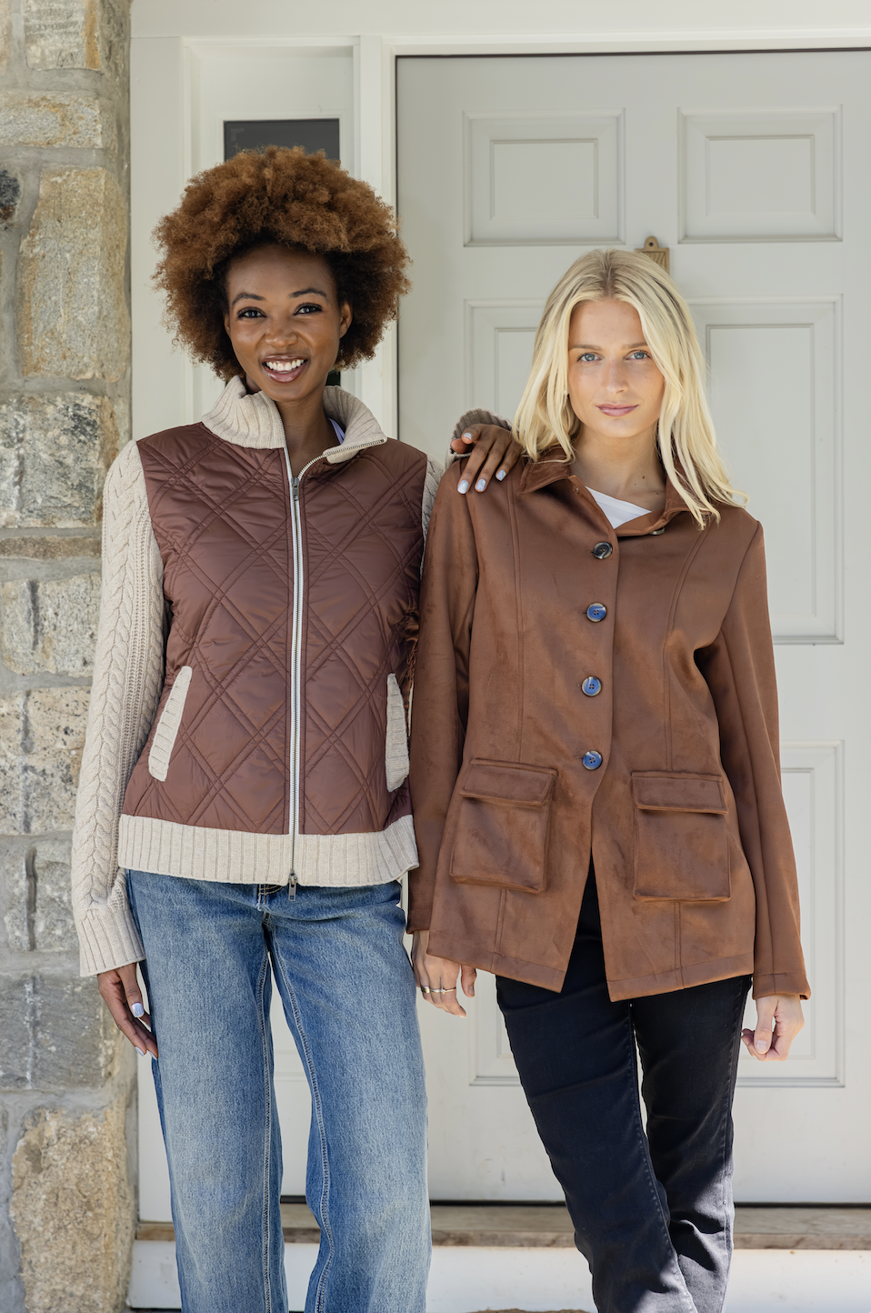 Camel quilted sweater jacket from Sail to Sable, featuring a cozy, padded design with a high collar and front zipper.