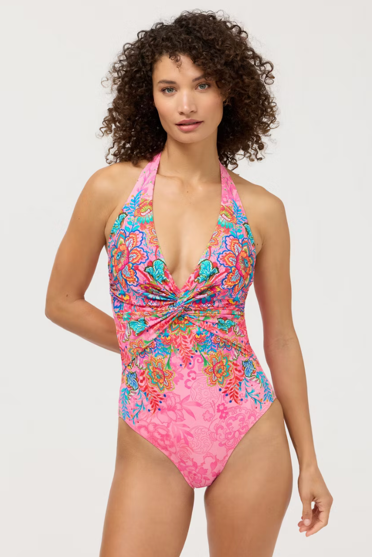 Johnny Was Roisin Twist One-Piece Swimwear, stylish loungewear with a twist design, featuring a flattering fit and comfortable fabric.