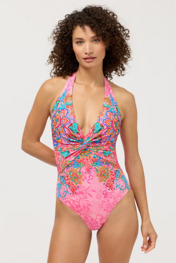 Johnny Was Roisin Twist One-Piece Swimwear, stylish loungewear with a twist design, featuring a flattering fit and comfortable fabric.