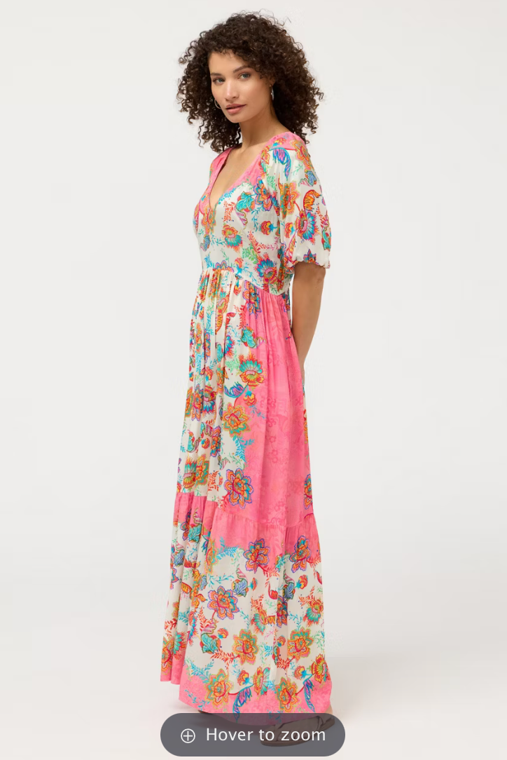 Johnny Was Roisin V-Neck Maxi Dress featuring flowing fabric and intricate patterns, perfect for elegant occasions.